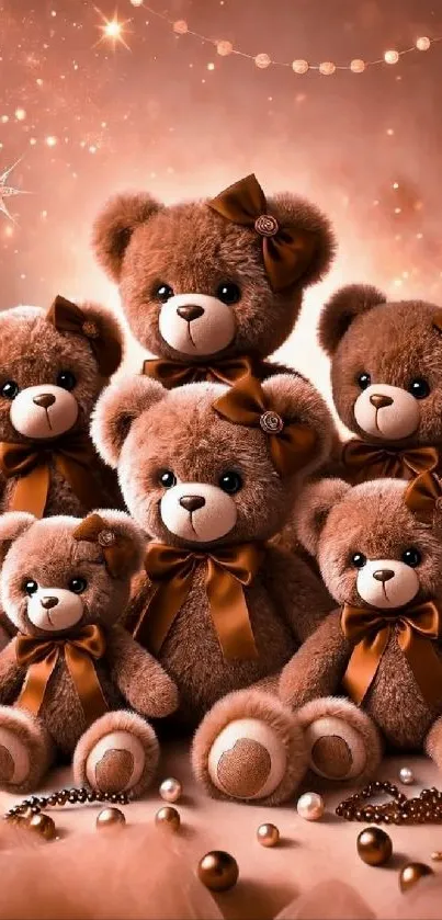 Warm mobile wallpaper with a cozy family of teddy bears in soft, brown tones.