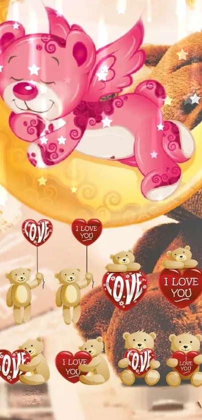 Cute pink teddy bears with heart balloons and a sleeping bear on a crescent moon.