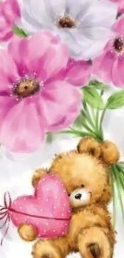 Cute teddy bear with pink flowers and a heart.