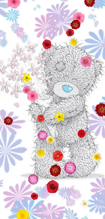 Adorable fluffy teddy bear with pastel floral background.