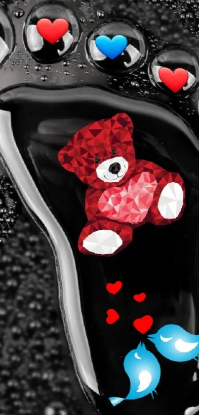 Teddy bear in footprint with colorful hearts on black background.