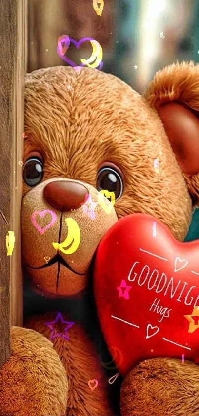 Adorable teddy bear with heart balloon saying goodnight hugs.
