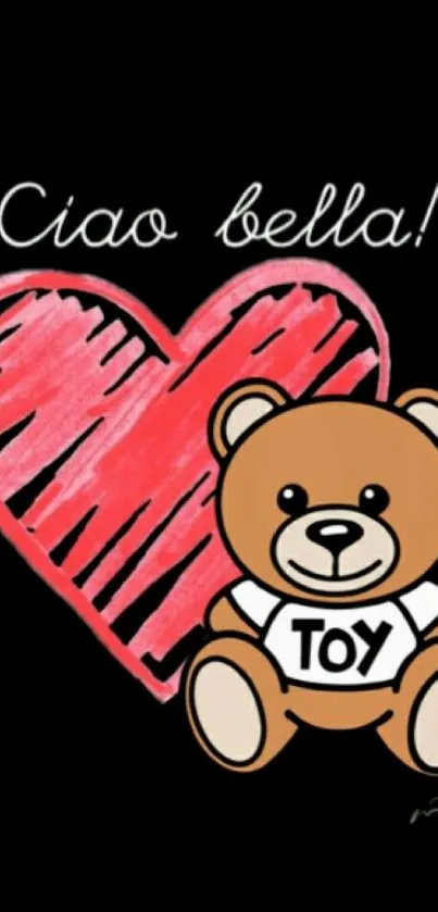 Ciao Bella teddy bear with red heart design on black background.