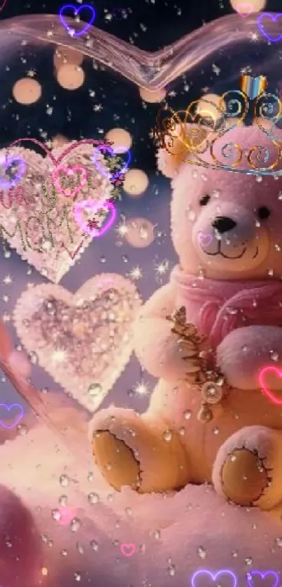 Cute teddy bear with hearts in a pink glowing setting.