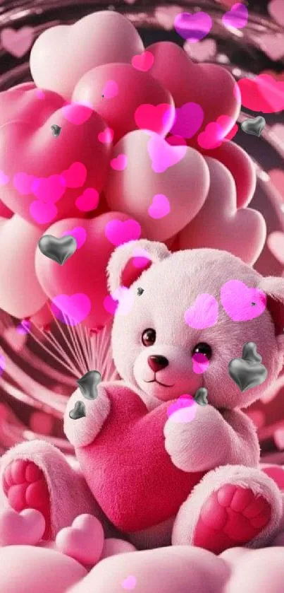 Cute teddy bear with heart balloons in pink.
