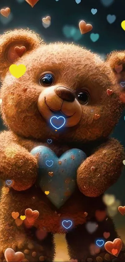 Cute teddy bear holding a blue heart with floating hearts around.