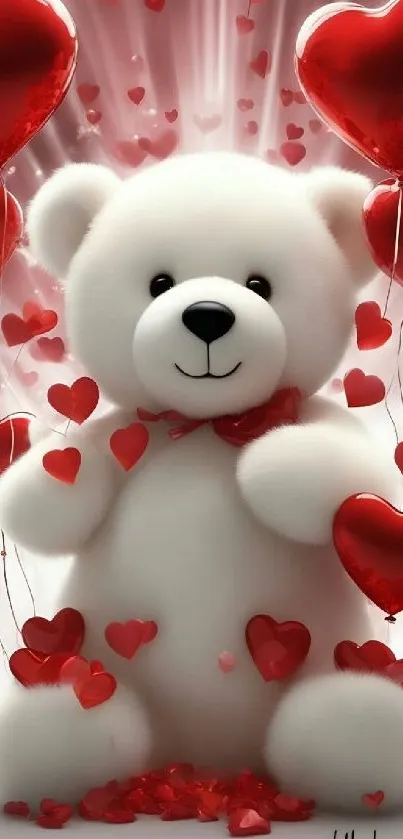 Cute teddy bear with red heart balloons wallpaper.