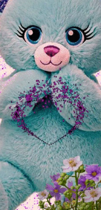 Cute light blue teddy bear with purple heart and flowers wallpaper.