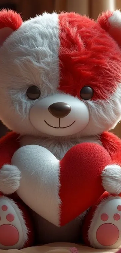 Cute teddy bear holding a heart with red and white fur, perfect for wallpaper.