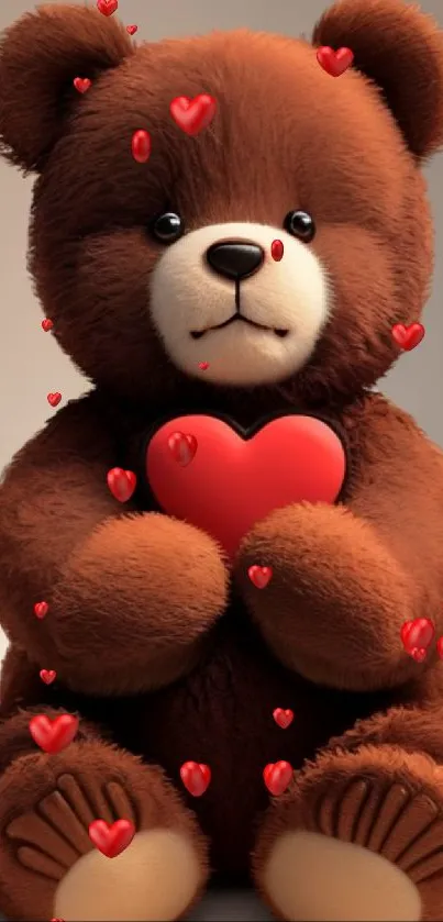 Adorable brown teddy bear holding a red heart on a soft background.