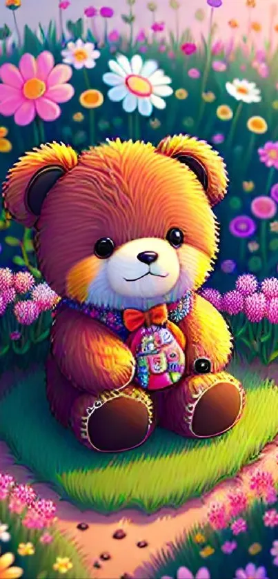 Adorable teddy bear surrounded by colorful flowers.