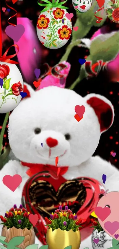 Cute teddy bear with heart elements mobile wallpaper.