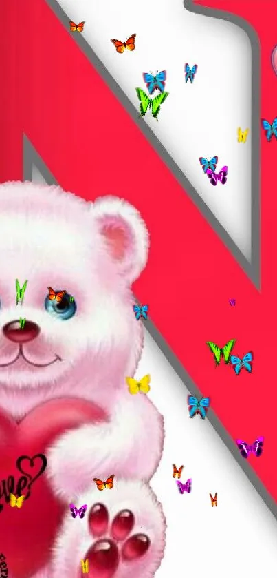 Cute teddy bear with heart and letter N on a red themed wallpaper.