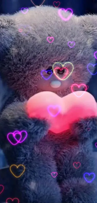 Fluffy teddy bear holding a glowing heart in cute wallpaper.