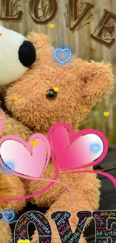 Cute teddy bears hugging with hearts in a bamboo garden setting.