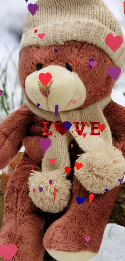 Cute teddy bear with hearts and cozy scarf wallpaper.