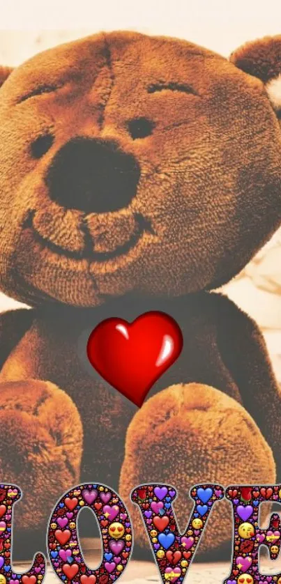 Cute teddy bear with heart and LOVE text wallpaper.