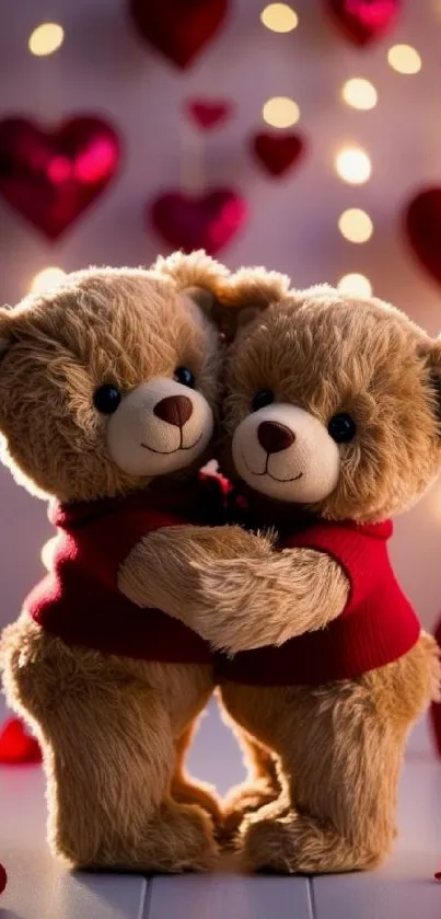 Two teddy bears hugging with heart backgrounds.