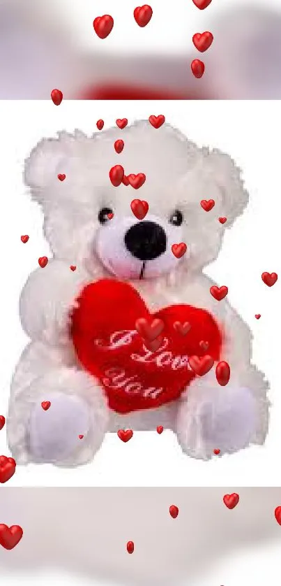 Fluffy teddy bear with red heart surrounded by floating hearts.