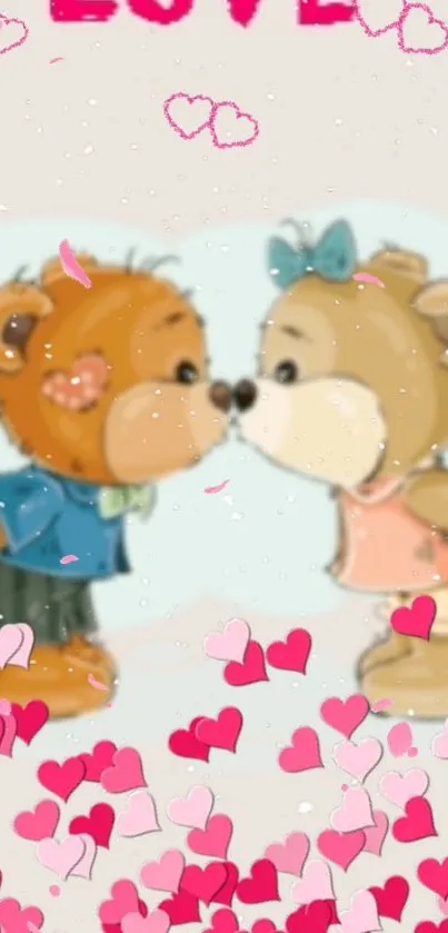 Cute teddy bears kissing with hearts.