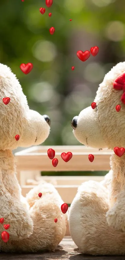 Two teddy bears sitting on a bench with a green background.