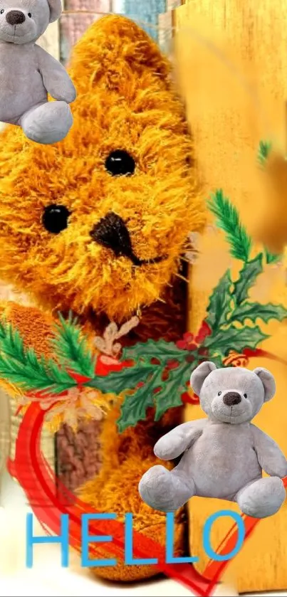 Cute teddy bear with heart and 'Hello' text wallpaper.