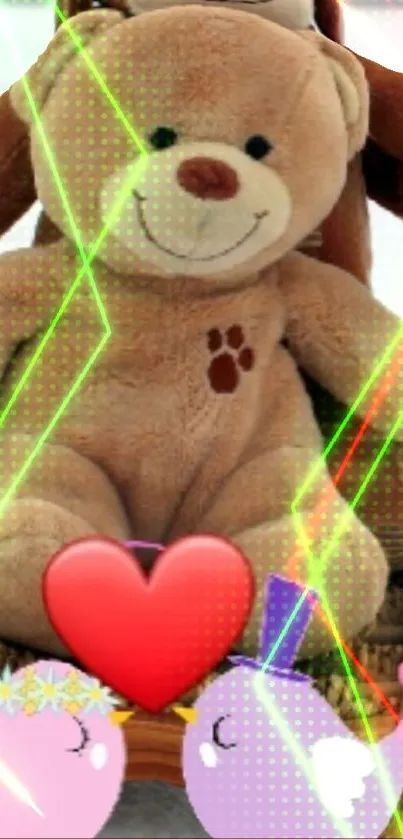 Cute teddy bear with heart and love birds in neon accent design.