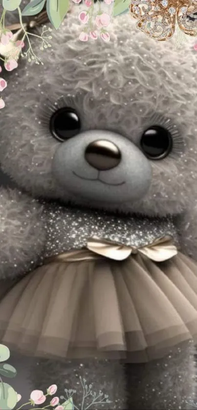 Cute teddy bear with floral accents in a gray tutu for mobile wallpaper.