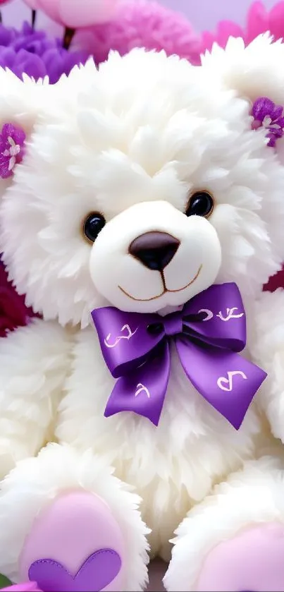 Fluffy white teddy bear with purple bow and pink flowers.