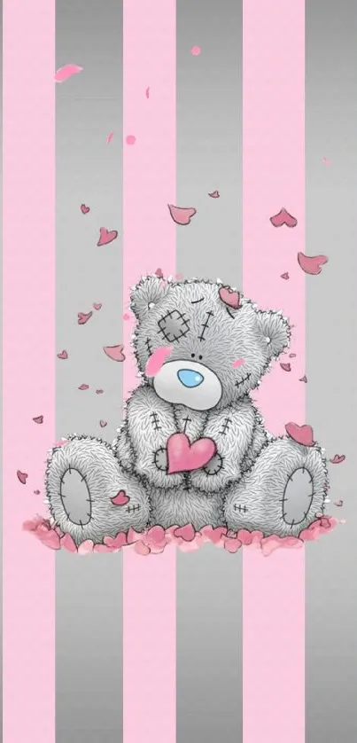 Cute teddy bear with pink heart on striped wallpaper.