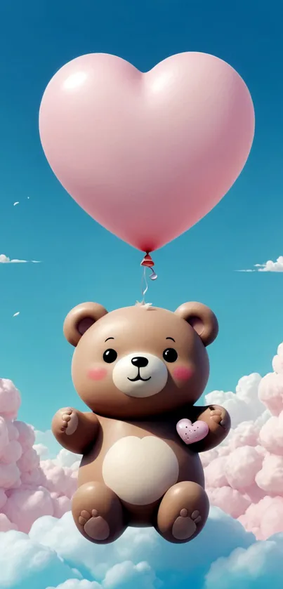 Cute teddy bear with heart balloon in sky wallpaper.