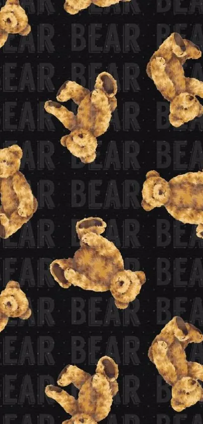 Mobile wallpaper with cute teddy bear pattern on black background.