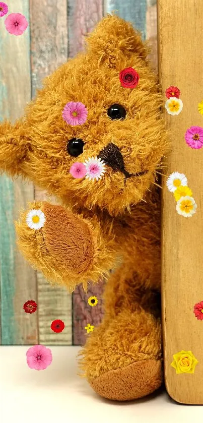 Teddy bear peeking from behind wood with colorful background.