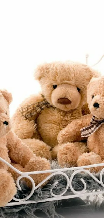 Three cuddly teddy bears on a fluffy background.