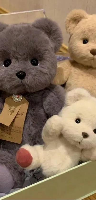 Three cute teddy bears in beige, grey, and white on a cozy background.