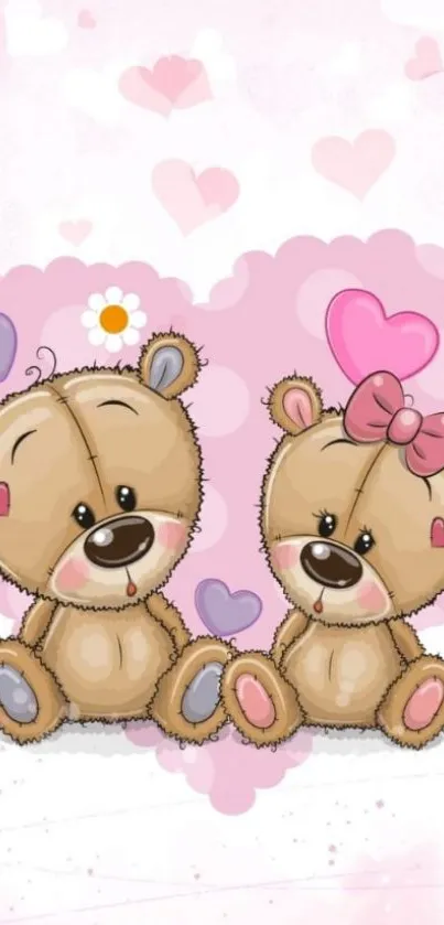 Cute cartoon teddy bears with pink hearts.