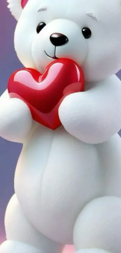 Adorable white teddy bear holding a red heart, perfect for love-themed phone wallpaper.