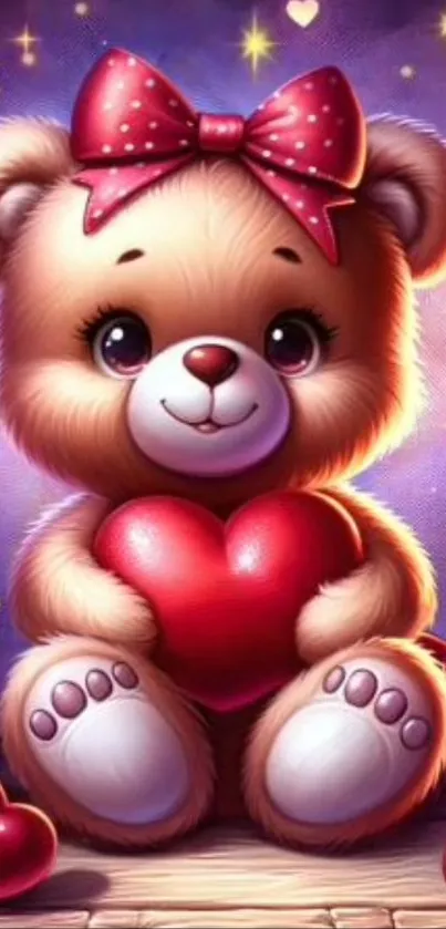 Cute teddy bear holding a heart, surrounded by candles.