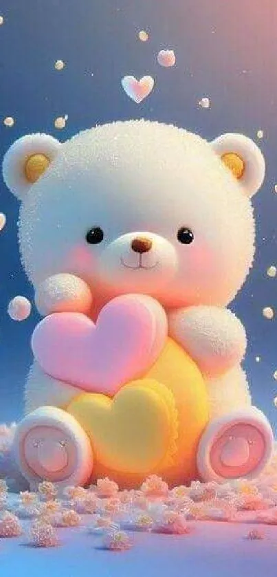 Adorable teddy bear holding pastel hearts on a light blue background.