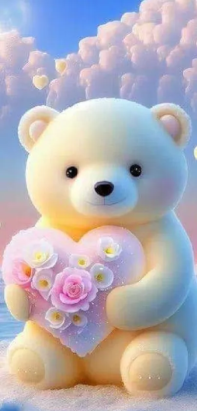 Adorable teddy bear with floral heart on pastel background.