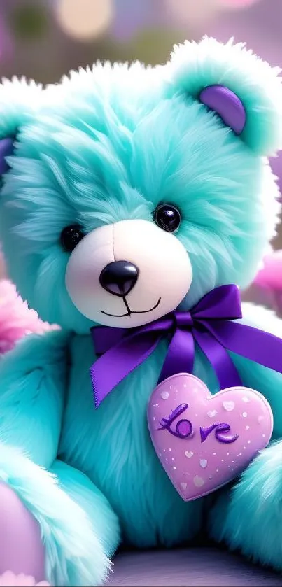 Turquoise teddy bear with purple bow and flowers