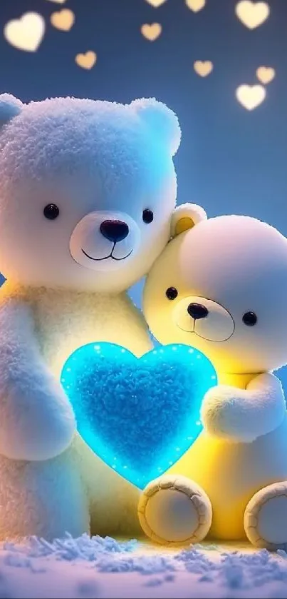Two teddy bears with a glowing blue heart.