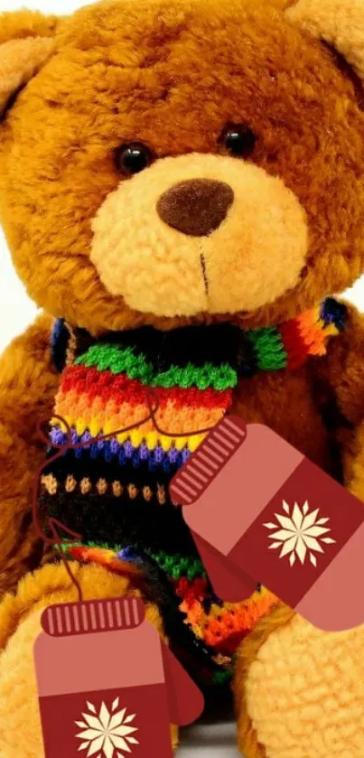 Cute teddy bear with colorful scarf and mittens.