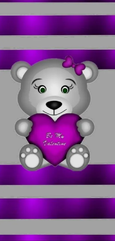 Cute teddy bear with purple heart and bow on striped background.