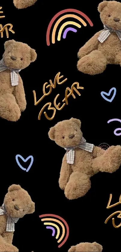 Cute teddy bear wallpaper with love doodles and colorful designs on black background.