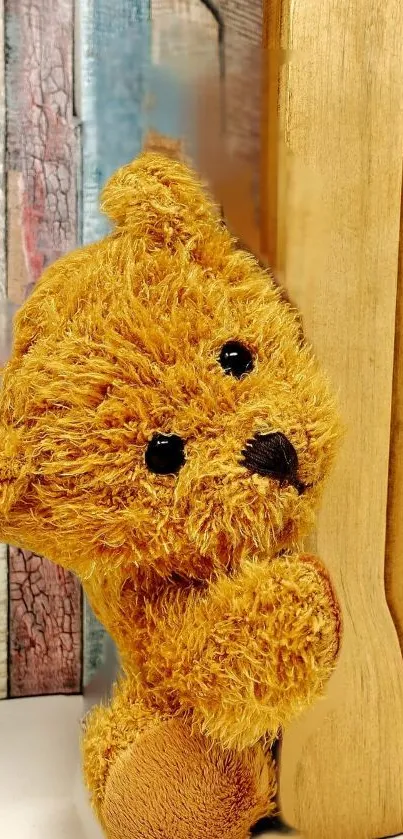 Cute teddy bear with wooden texture, perfect for phone wallpaper.