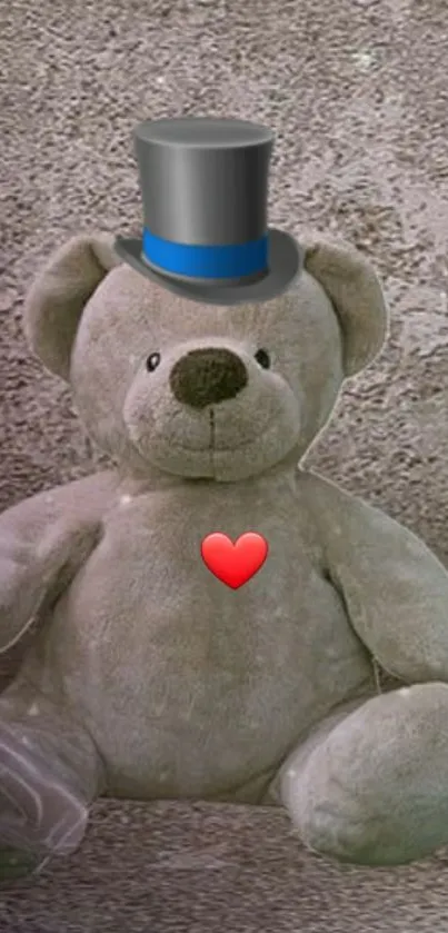 Adorable teddy bear with a top hat and heart on gray background.