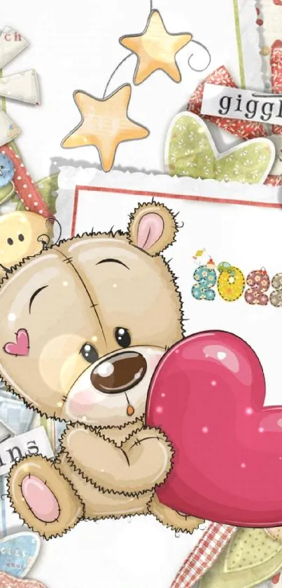 Cute teddy bear with pink heart wallpaper for mobile.