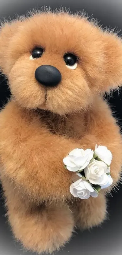 Cute teddy bear holding white roses on a dark background.