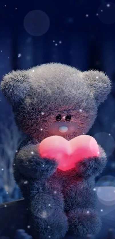 Cute teddy bear holding pink heart on dark blue background.